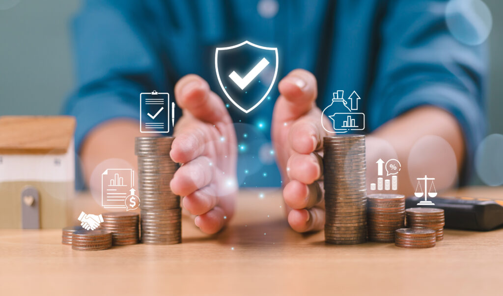 Insurance plan protect family wealth. Divorce law and inheritance separation concept. Hand separate stack coin saving money, finance inherit division, home loan, debt return. Bank business investment