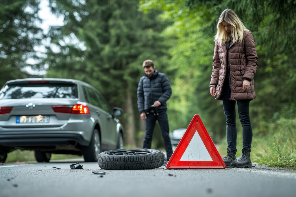 Man changing flat tire after car accident on highway with woman nearby and two vehicles involved