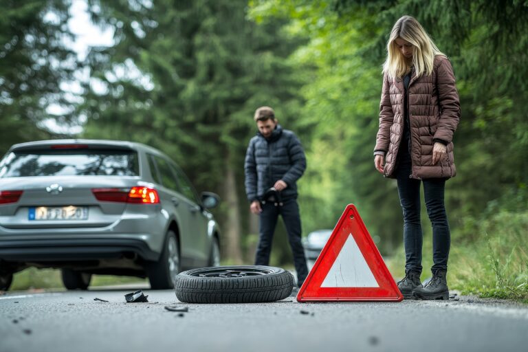 Man changing flat tire after car accident on highway with woman nearby and two vehicles involved