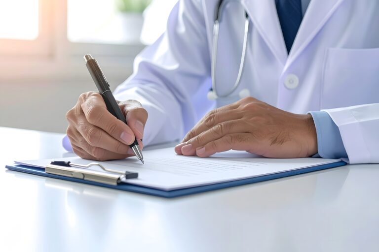 Médico escribiendo en historial clínico sobre escritorio blanco, concepto de atención sanitaria y profesionalidad médica