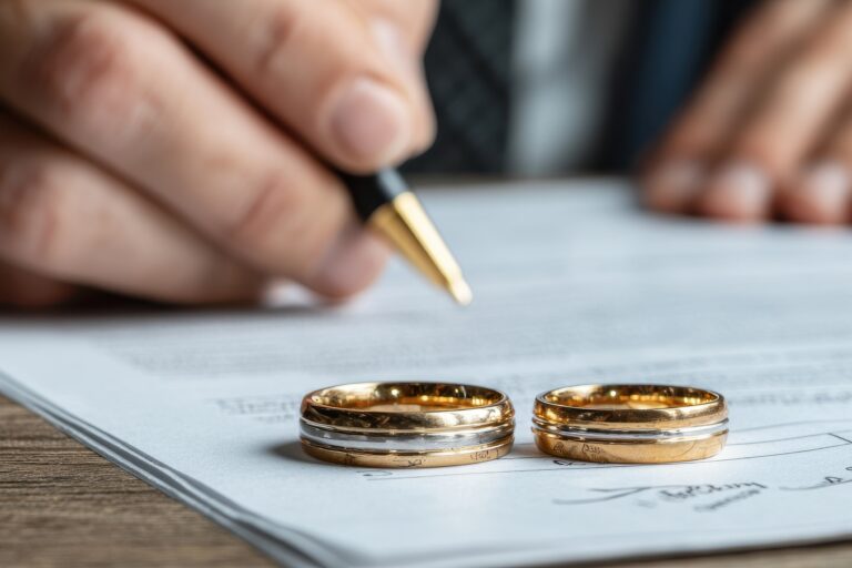 Divorced couple hands rings to lawyer Signing divorce papers Themes of betrayal family loss relationship breakdown and conflict