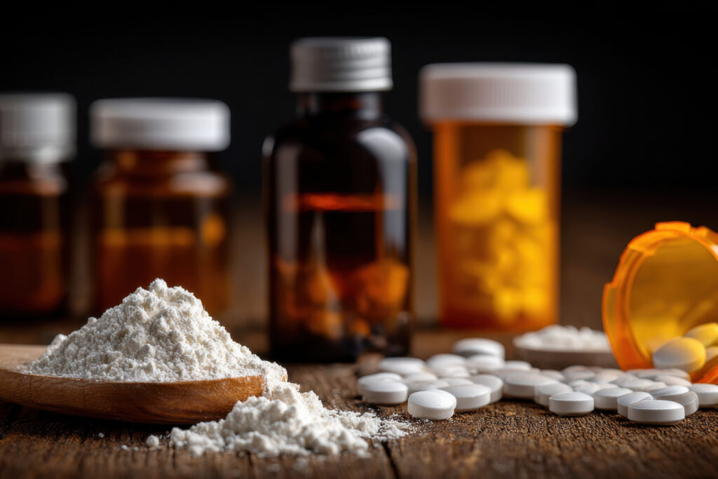 White powder on wooden spoon with scattered white pills and prescription bottles on rustic table conveying drug misuse and medical risk, tense mood