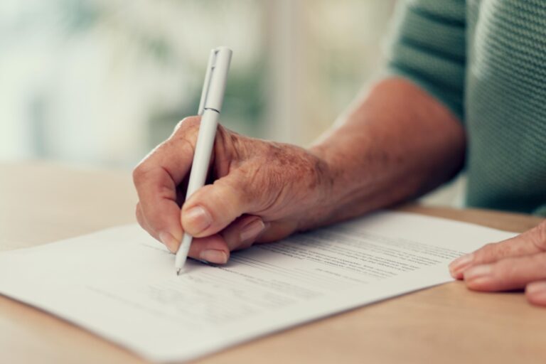 Hands, paper or person with contract to sign on application or documents for will, life insurance or divorce info. Writing, closeup or pen with signature for compliance, form or title deed agreement.