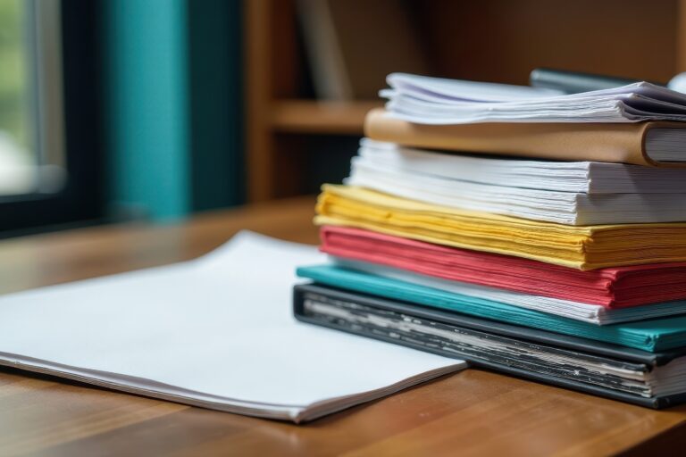 Colorful stack of government documents on a wooden desk, governance, law