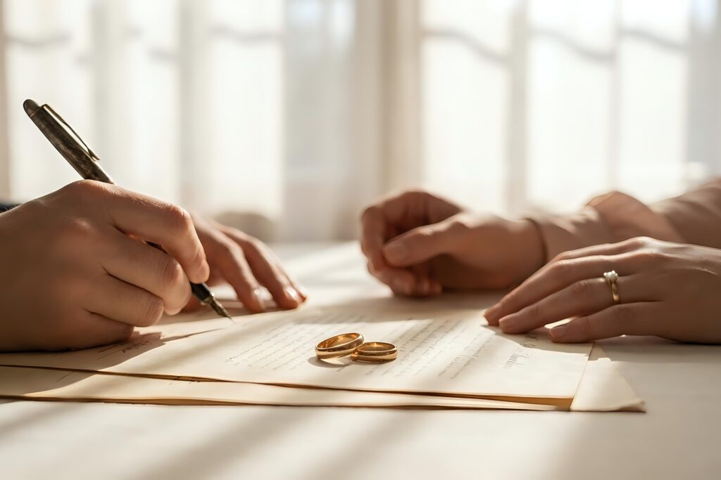 Couple signing divorce papers with wedding rings on table during legal separation process in bright office setting.