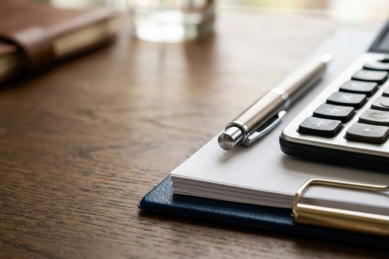 Calculator, metallic pen, and stack of documents with clipboard on a wooden desk, blurred notebook and glass in background, suggesting a workspace or office setting.