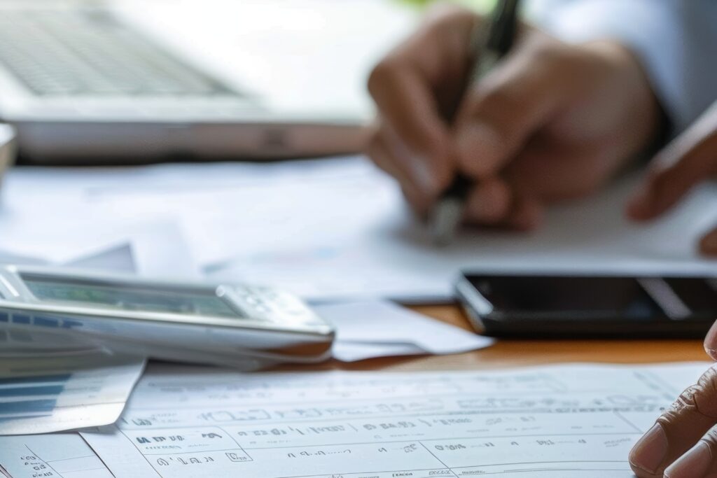 Tax auditor meticulously reviews financial documents with a businessman, significant fines for tax evasion. various financial documents, charts, and a calculator are spread across the desk, signifying a thorough audit process.