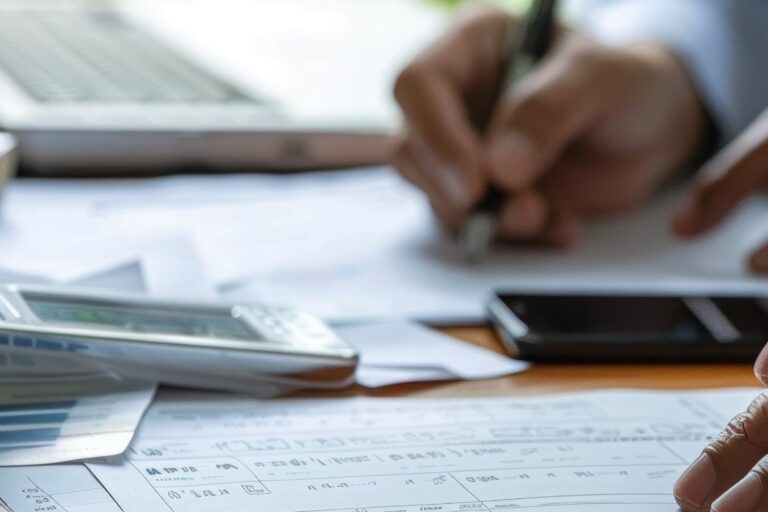 Tax auditor meticulously reviews financial documents with a businessman, significant fines for tax evasion. various financial documents, charts, and a calculator are spread across the desk, signifying a thorough audit process.